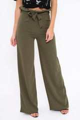 Khaki Paper Bag Tie Waist Wide Leg Trousers - Kennedy