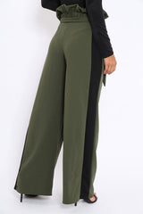 Khaki Paper Bag Tie Waist Wide Leg Trousers With Black Stripe - Kennedy