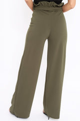 Khaki Paper Bag Tie Waist Wide Leg Trousers - Kennedy