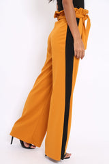 Mustard Paper Bag Tie Waist Wide Leg Trousers With Black Stripe - Kennedy