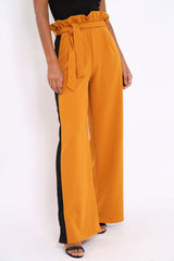 Mustard Paper Bag Tie Waist Wide Leg Trousers With Black Stripe - Kennedy