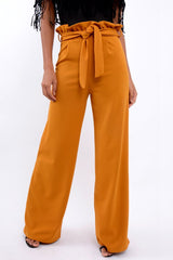 Mustard Paper Bag Tie Waist Wide Leg Trousers - Kennedy