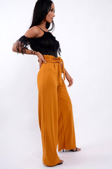 Mustard Paper Bag Tie Waist Wide Leg Trousers - Kennedy