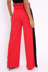 Red Paper Bag Tie Waist Wide Leg Trousers With Black Stripe - Kennedy