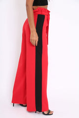 Red Paper Bag Tie Waist Wide Leg Trousers With Black Stripe - Kennedy