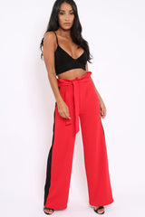 Red Paper Bag Tie Waist Wide Leg Trousers With Black Stripe - Kennedy