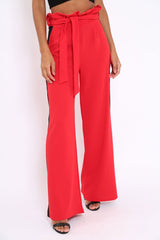 Red Paper Bag Tie Waist Wide Leg Trousers With Black Stripe - Kennedy