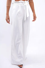 White Paper Bag Tie Waist Wide Leg Trousers - Kennedy