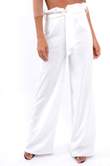 White Paper Bag Tie Waist Wide Leg Trousers - Kennedy