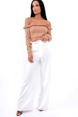 Camel Ruffle Hem Ribbed Bardot Crop Top - Kaitlyn