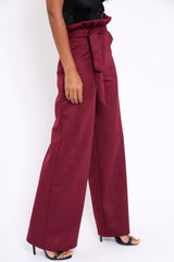 Wine Suedette Paper Bag Tie Waist Wide Leg Trousers - Kennedy