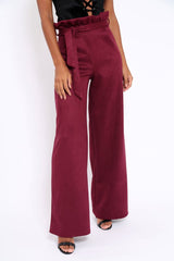 Wine Suedette Paper Bag Tie Waist Wide Leg Trousers - Kennedy