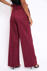 Wine Suedette Paper Bag Tie Waist Wide Leg Trousers - Kennedy