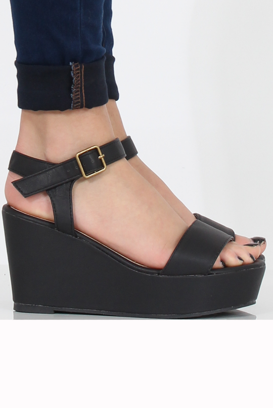 Black PU Open Toe Wedge Sandals - Kennie