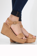 Tan Suede Open Toe Wedge Sandals - Kennie
