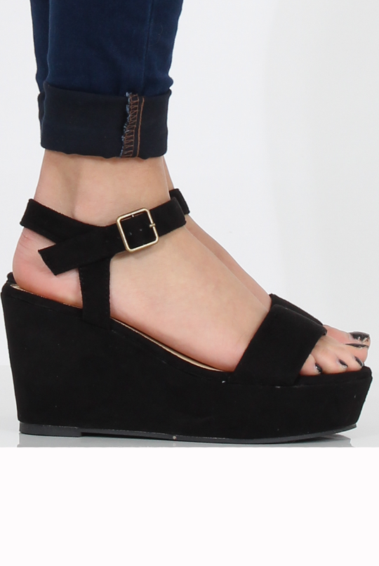 Black Suede Open Toe Wedge Sandals - Kennie