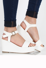 White PU Open Toe Wedge Sandals - Kennie
