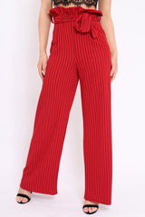 Red Striped Paper Bag Tie Waist Wide Leg Trousers - Kennedy