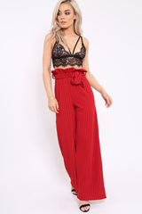 Red Striped Paper Bag Tie Waist Wide Leg Trousers - Kennedy