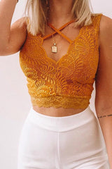 Mustard Lace Scallop Strappy Crop Top - Kensly