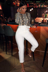 White Belted Tapered Peg Trousers - Jessika