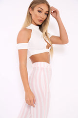 White Cross Front Cold Shoulder Crop Top - Kenzli