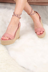 Pink Blush Faux Suede Studded Wedges - Kenzly