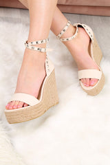 Light Cream Faux Suede Studded Wedges - Kenzly