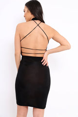 Black Choker Neck Lace Up Back Ruched Asymmetric Dress - Keris