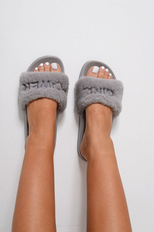Grey 'GIRL POWER' Fluffy Sliders - Kerly