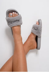 Grey 'GIRL POWER' Fluffy Sliders - Kerly