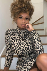 Brown Leopard Plisse High Neck Mini Dress - Marieta