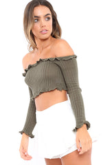 Khaki Knitted Bardot Frill Crop Top - Kesia