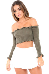 Khaki Knitted Bardot Frill Crop Top - Kesia