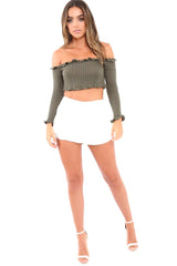 Khaki Knitted Bardot Frill Crop Top - Kesia