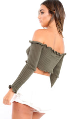 Khaki Knitted Bardot Frill Crop Top - Kesia