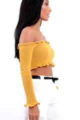 Mustard Knitted Bardot Frill Crop Top - Kesia