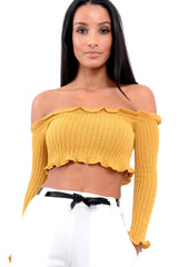 Mustard Knitted Bardot Frill Crop Top - Kesia