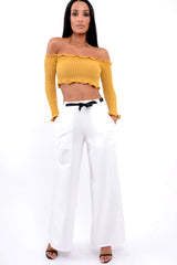 Mustard Knitted Bardot Frill Crop Top - Kesia