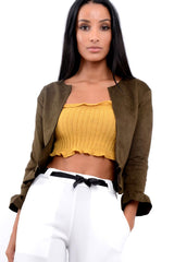 Mustard Knitted Bardot Frill Crop Top - Kesia