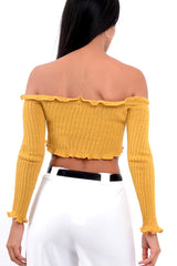 Mustard Knitted Bardot Frill Crop Top - Kesia