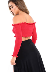 Red Knitted Bardot Frill Crop Top - Kesia