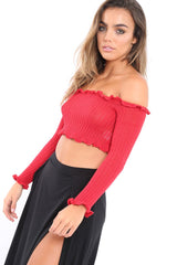 Red Knitted Bardot Frill Crop Top - Kesia
