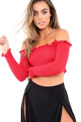 Red Knitted Bardot Frill Crop Top - Kesia