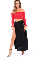 Red Knitted Bardot Frill Crop Top - Kesia