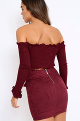 Wine Knitted Bardot Frill Crop Top - Kesia