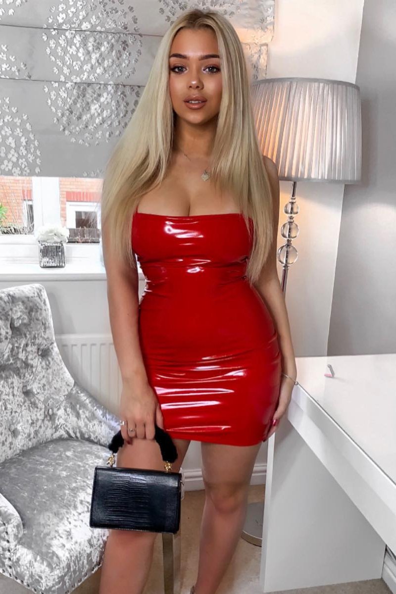 Red Straight Neck Vinyl Bodycon Dress - Keydi Rebellious Fashion - US Red Straight Neck Vinyl Bodycon Dress - Keydi Rebellious Fashion - US
