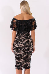 Black Lace Bardot Frill Midi Dress - Keysha