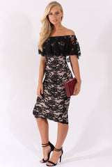 Black Lace Bardot Frill Midi Dress - Keysha