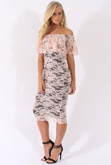 Nude Lace Bardot Frill Midi Dress - Keysha